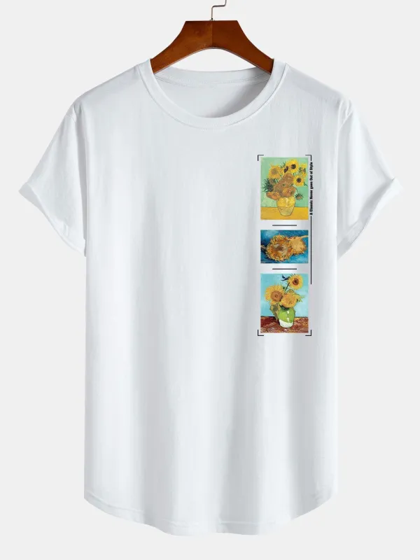 Sunflower Oil Painting Print Cotton Arc Hem T-Shirt sold by Hoooyi