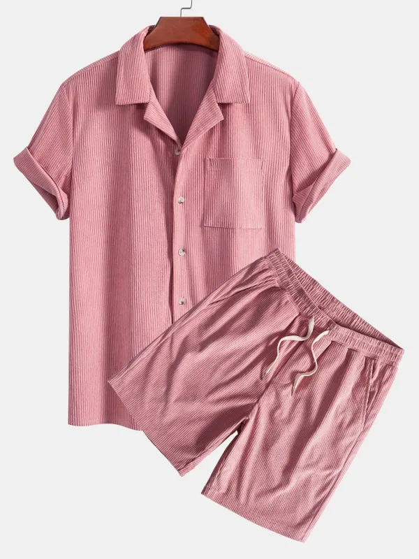 Short Sleeve Corduroy Cuban Shirt & Shorts made by Hoooyi