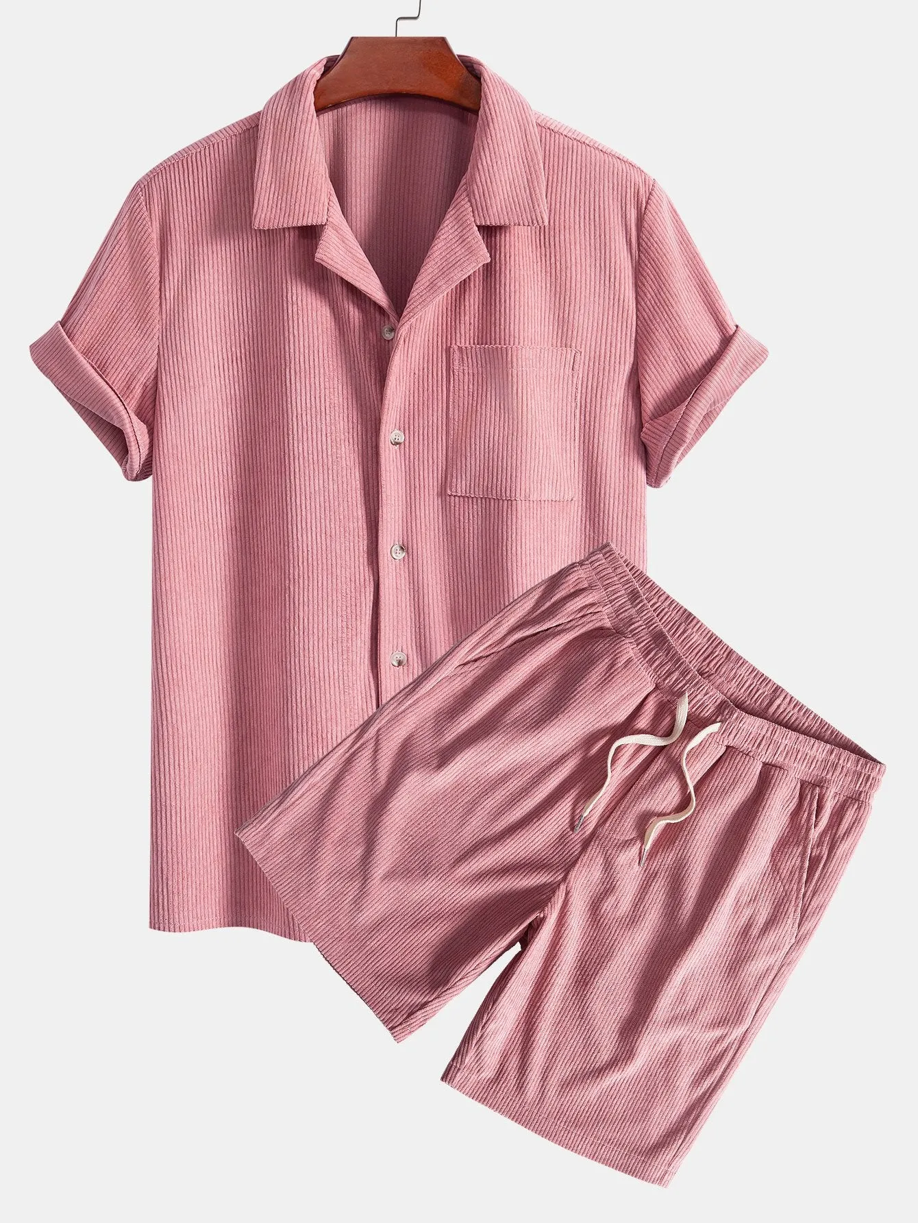 Short Sleeve Corduroy Cuban Shirt & Shorts sold by Hoooyi