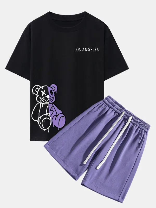 Los Angeles Dissolving Bear Print Oversize T-Shirt & Shorts made by Hoooyi