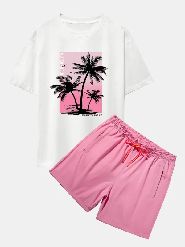 Palm Tree Pink Background Print Oversize T-Shirt & Swim Shorts sold by Hoooyi