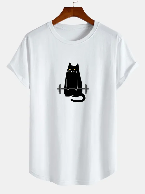 Cat Weightlifting Print Cotton Arc Hem T-Shirt sold by Hoooyi