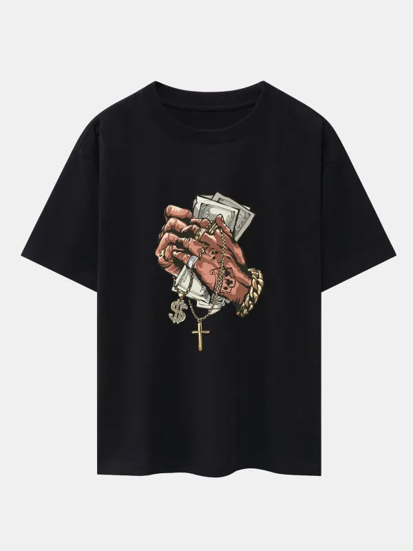 Hand Holding Cash Print Drop Shoulder Oversize T-Shirt sold by Hoooyi