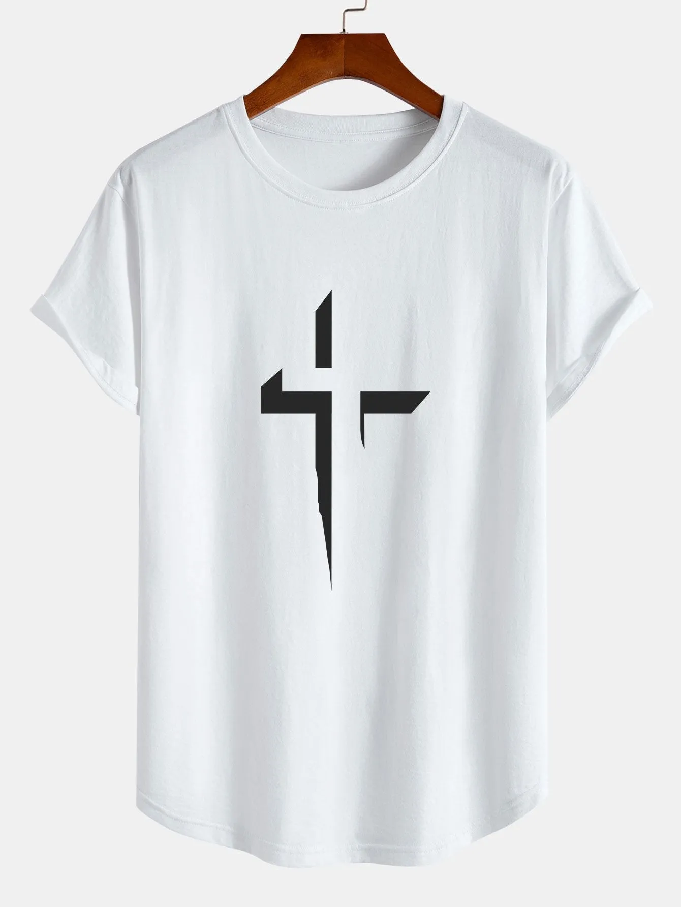 Cross Print Cotton Arc Hem T-Shirt sold by Hoooyi