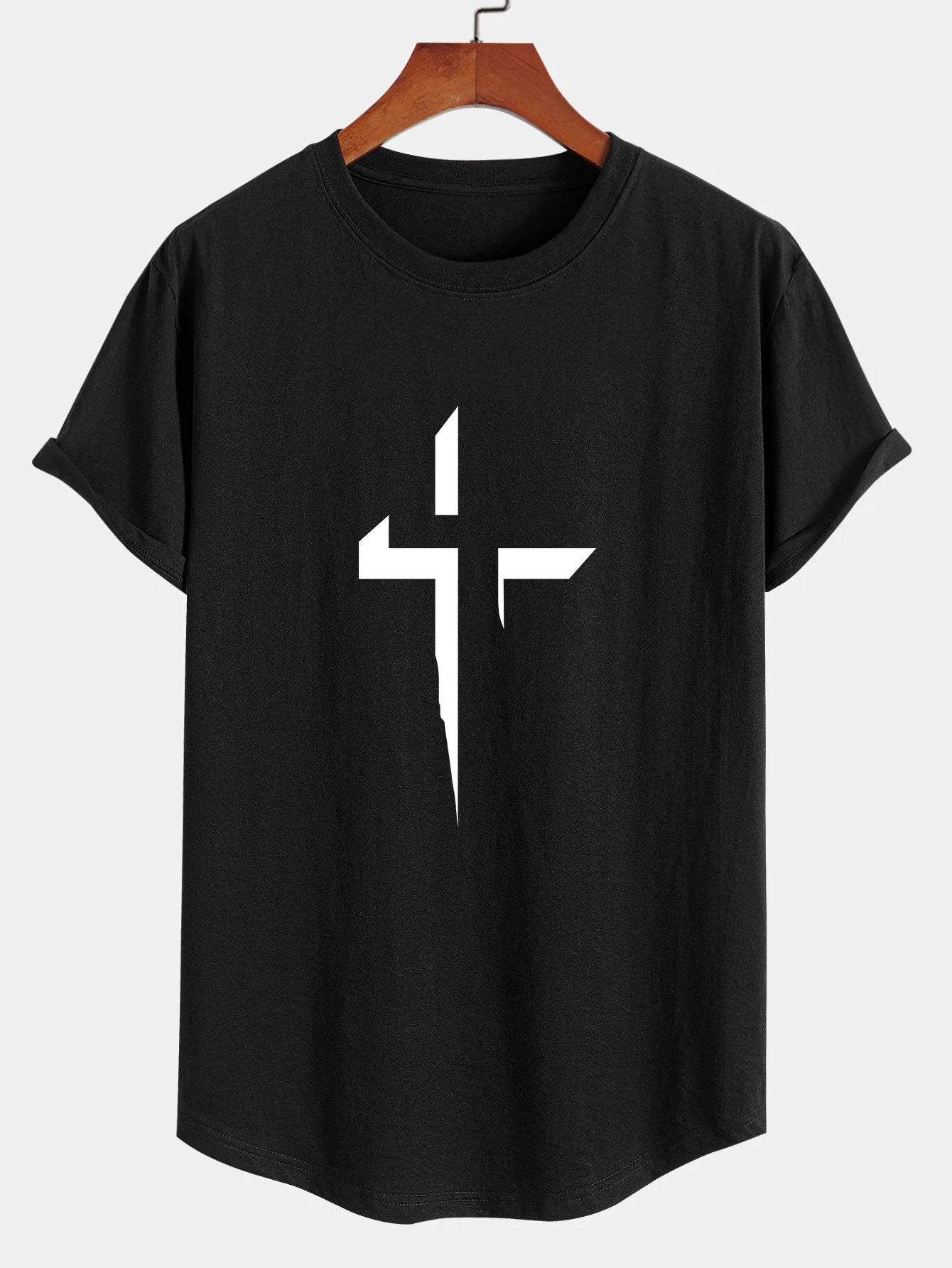 Cross Print Cotton Arc Hem T-Shirt sold by Hoooyi product image thumbnail 3