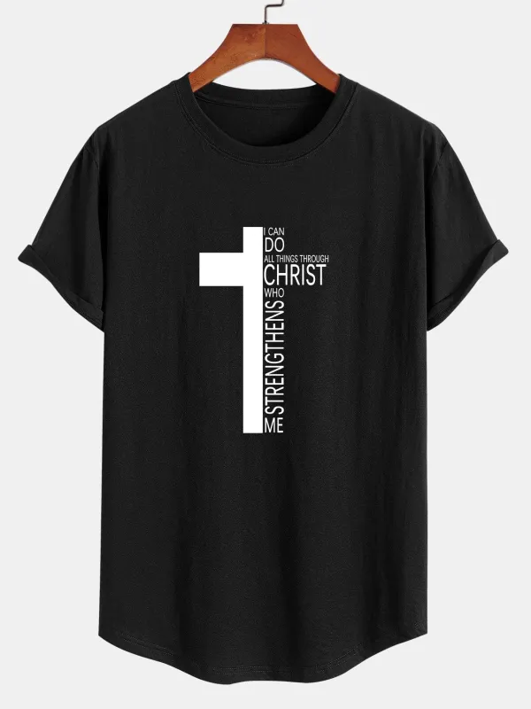 Cross Slogan Print Cotton Arc Hem T-Shirt sold by Hoooyi