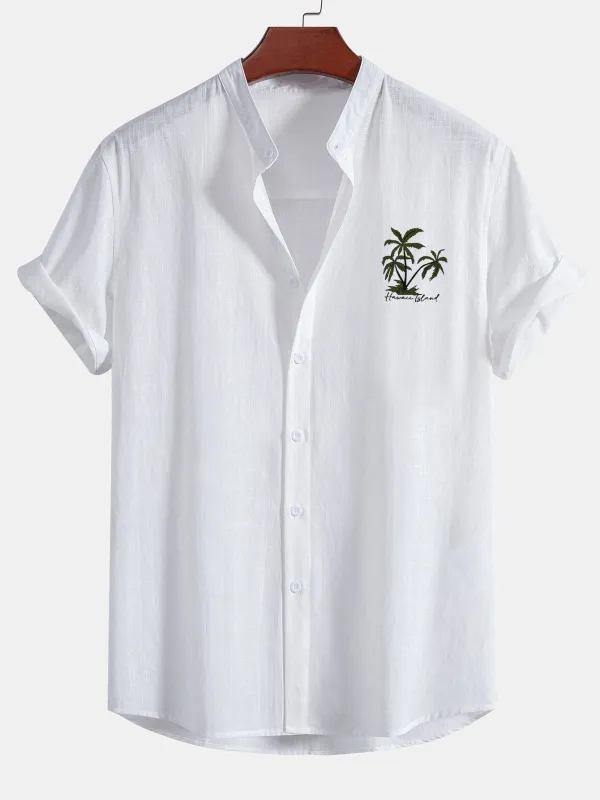 Hawaii Palm Tree Print Linen Look Cotton Stand Collar Shirt sold by Hoooyi