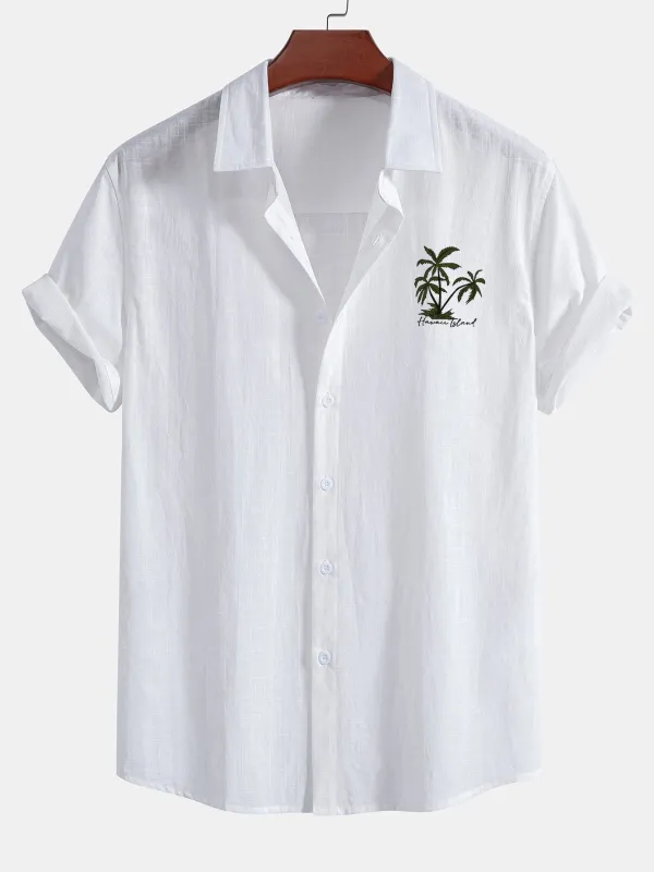 Hawaii Palm Tree Print Linen Look Cotton Button Up Shirt made by Hoooyi