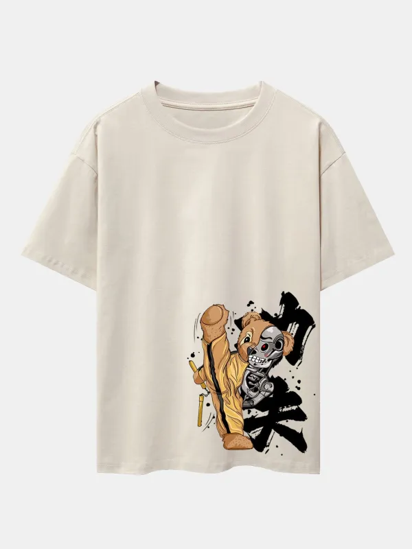 Kung Fu Bear Print Drop Shoulder Oversize T-Shirt sold by Hoooyi