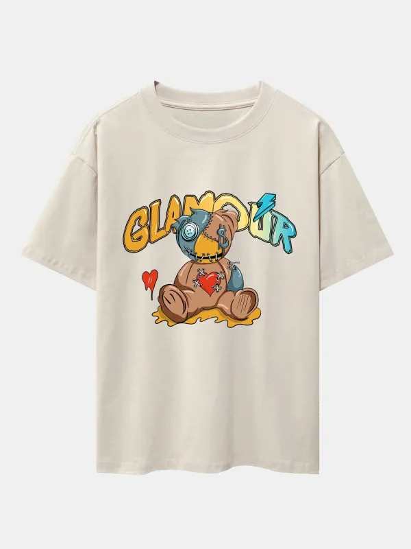 Patched Bear Print Drop Shoulder Oversize T-Shirt sold by Hoooyi