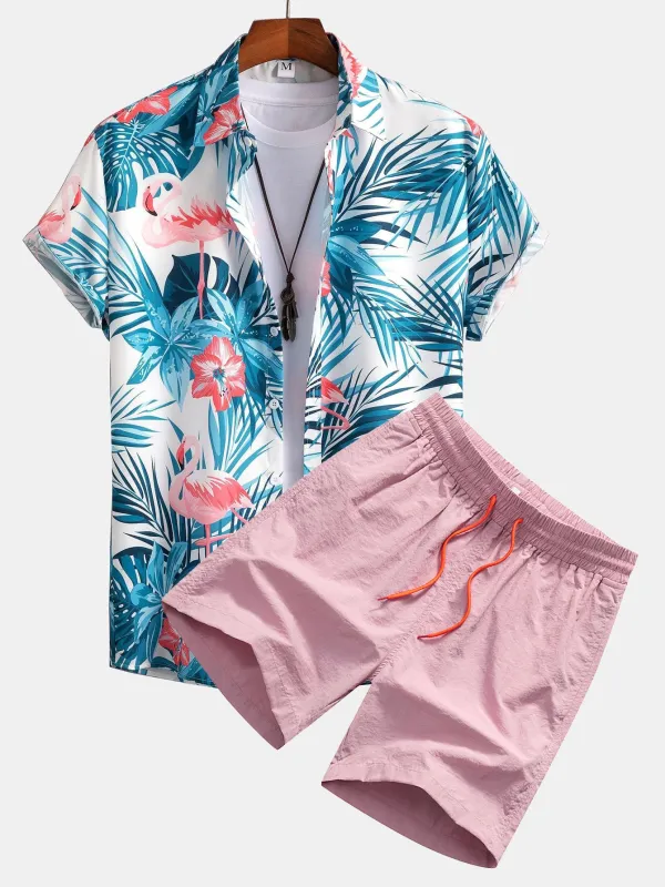 Flamingo Tropical Print Button Up Shirt & Swin Shorts sold by Hoooyi