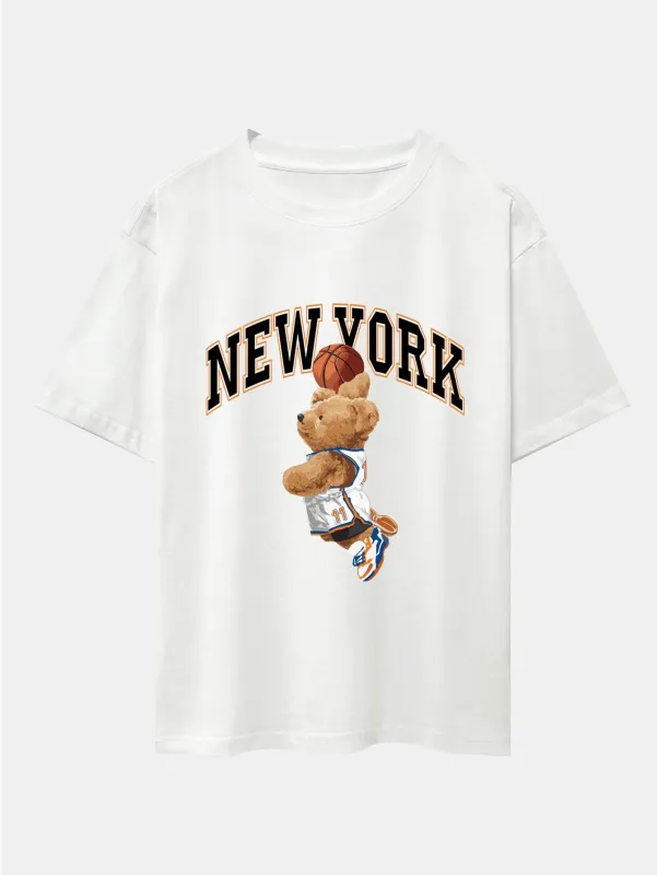 New York Basketball Bear Print Drop Shoulder Oversize T-Shirt sold by Hoooyi