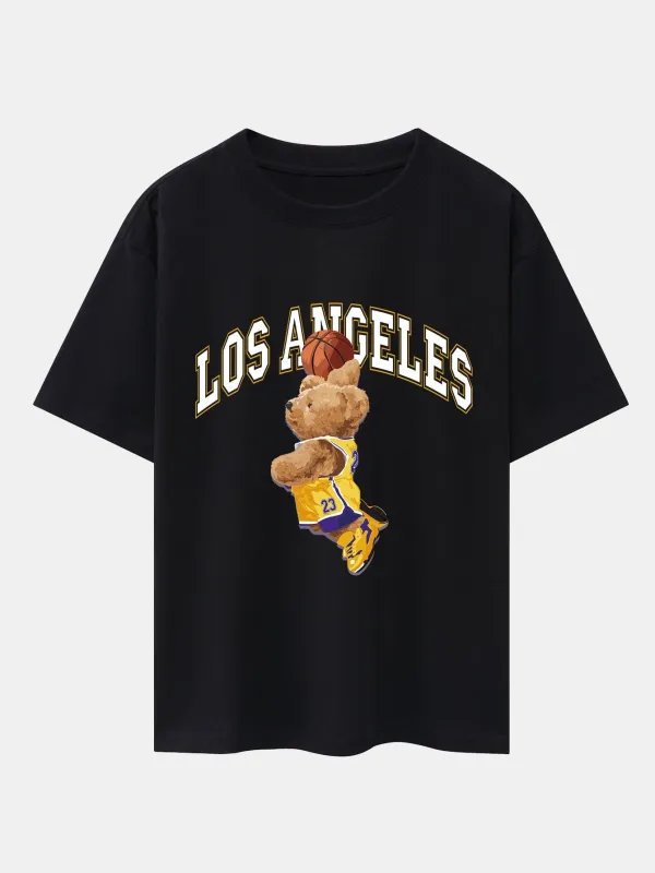 Los Angeles Basketball Bear Print Drop Shoulder Oversize T-Shirt sold by Hoooyi