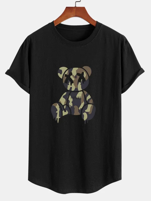 Camouflage Bear Print Cotton Arc Hem T-Shirt sold by Hoooyi