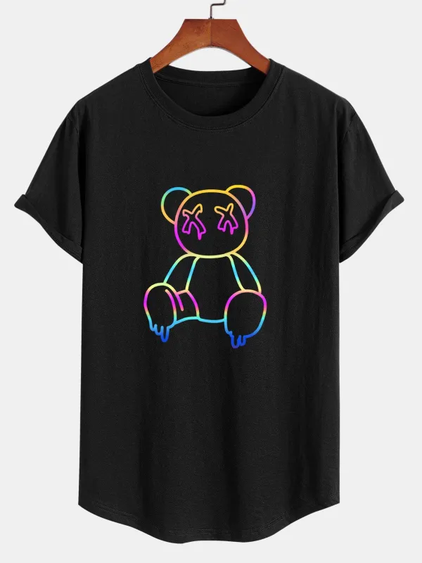 Multicolor Bear Print Cotton Arc Hem T-Shirt sold by Hoooyi