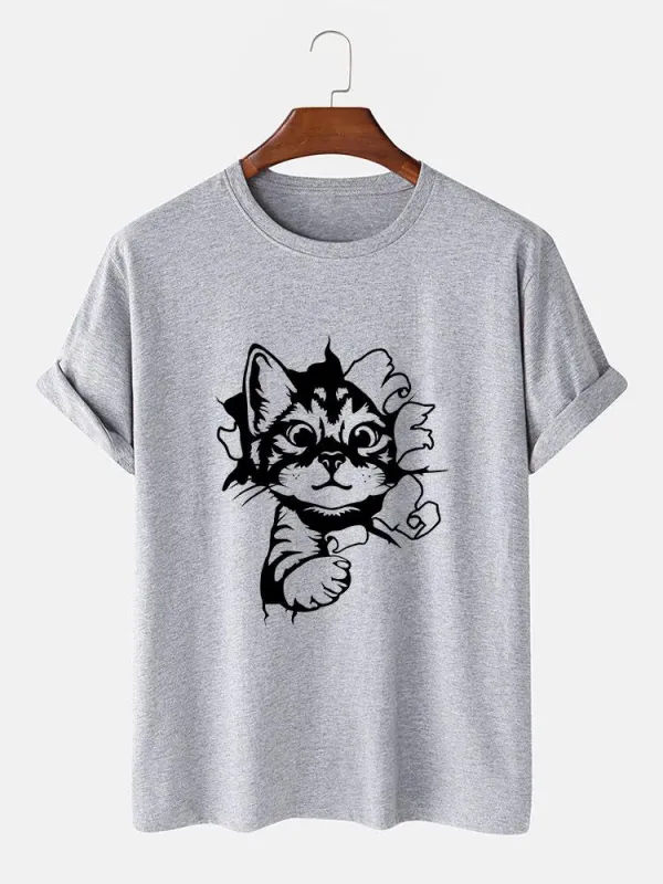 Cat Breaks The Wall Print T-shirt sold by Hoooyi