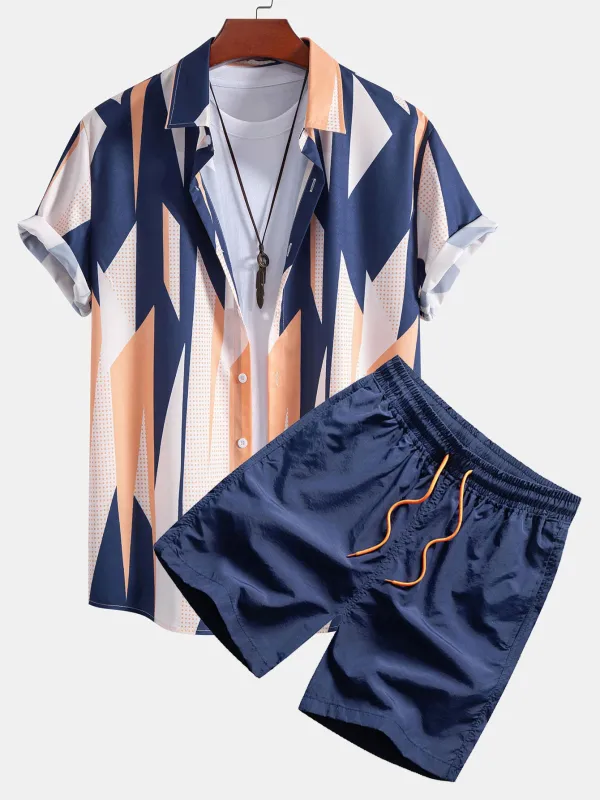 Geometry Print Button Up Shirt & Swim Shorts sold by Hoooyi