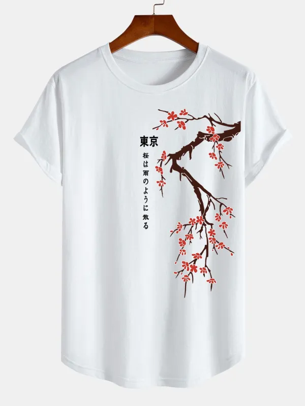 Tokyo Japanese Cherry Blossoms Print Cotton Arc Hem T-Shirt sold by Hoooyi
