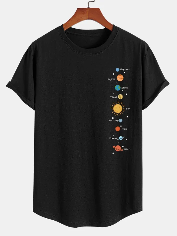 Planet Print Cotton Arc Hem T-Shirt made by Hoooyi