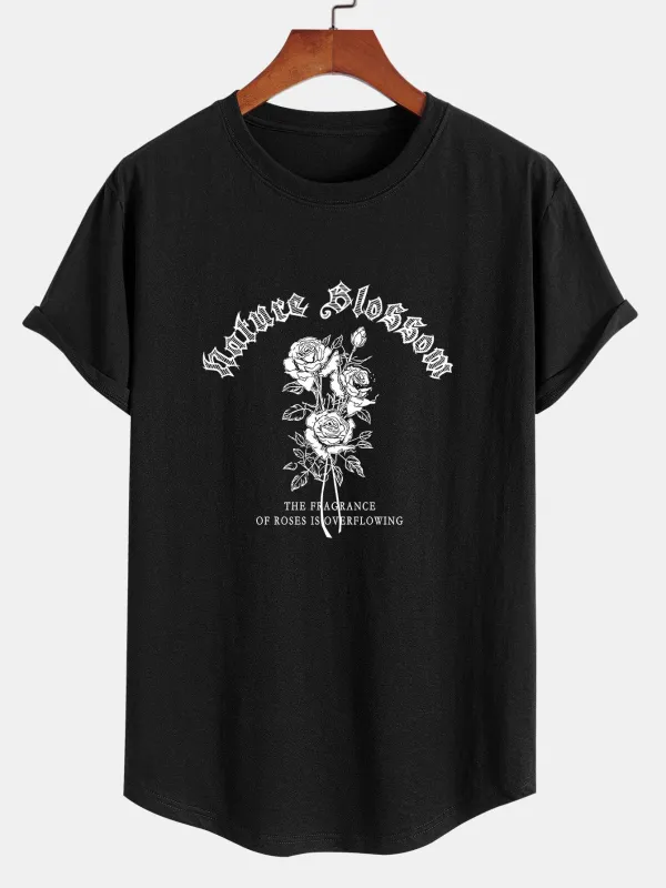 Gothic Style Rose Print Cotton Arc Hem T-Shirt sold by Hoooyi