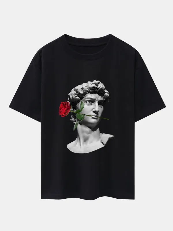 Rose David Print Relax Fit Drop Shoulder T-Shirts sold by Hoooyi