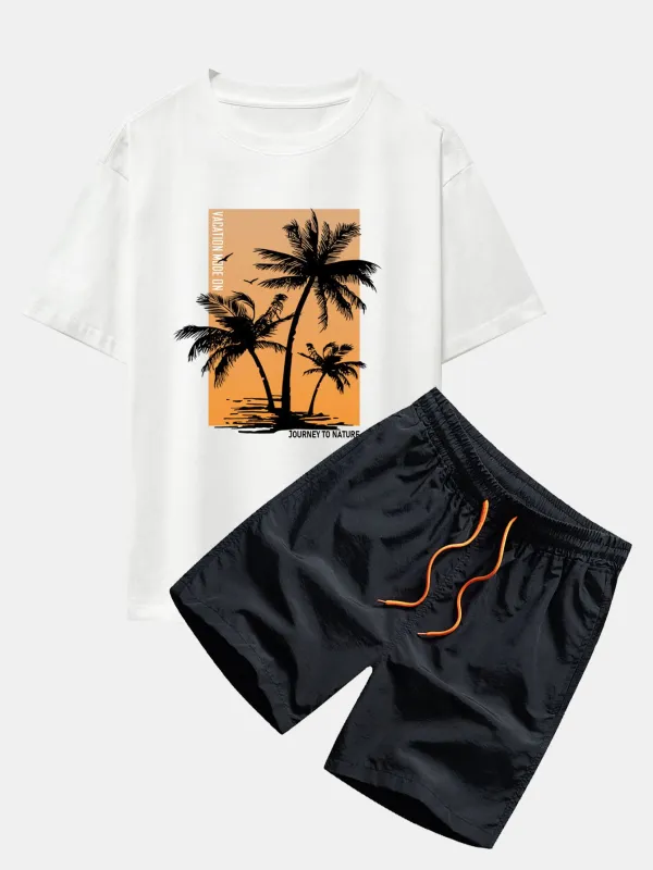 Palm Tree Sky Background Print Oversize T-Shirt & Swim Shorts made by Hoooyi