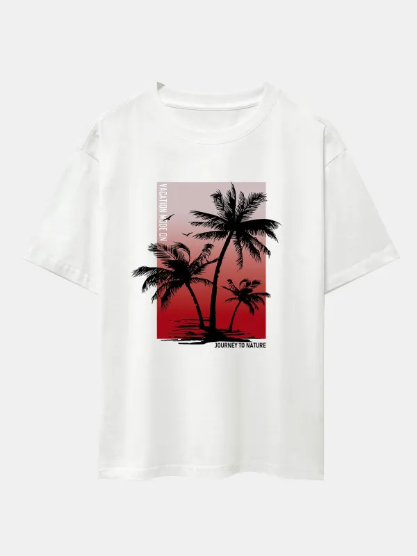 Palm Tree Red Background Print Oversize T-Shirt sold by Hoooyi