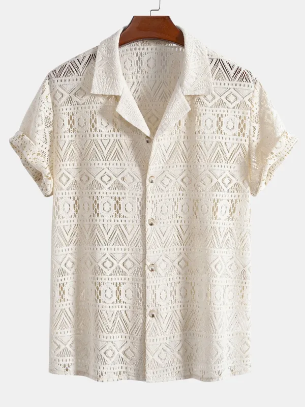 Short Sleeve Geometry Textured Cuban Shirt sold by Hoooyi