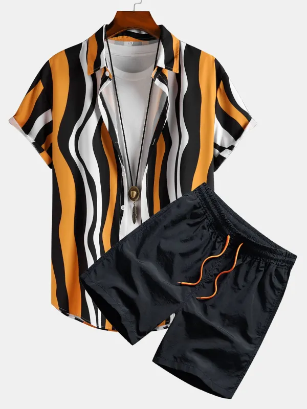 Wavy Print Button Up Shirt & Swim Shorts made by Hoooyi