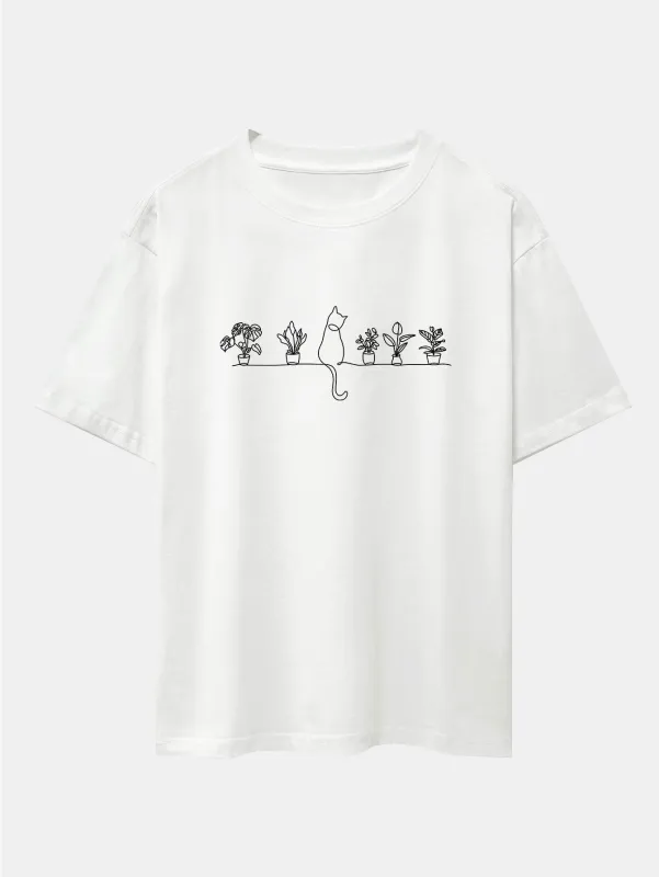 Cat Potted Plant Print Drop Shoulder Oversize T-Shirt sold by Hoooyi