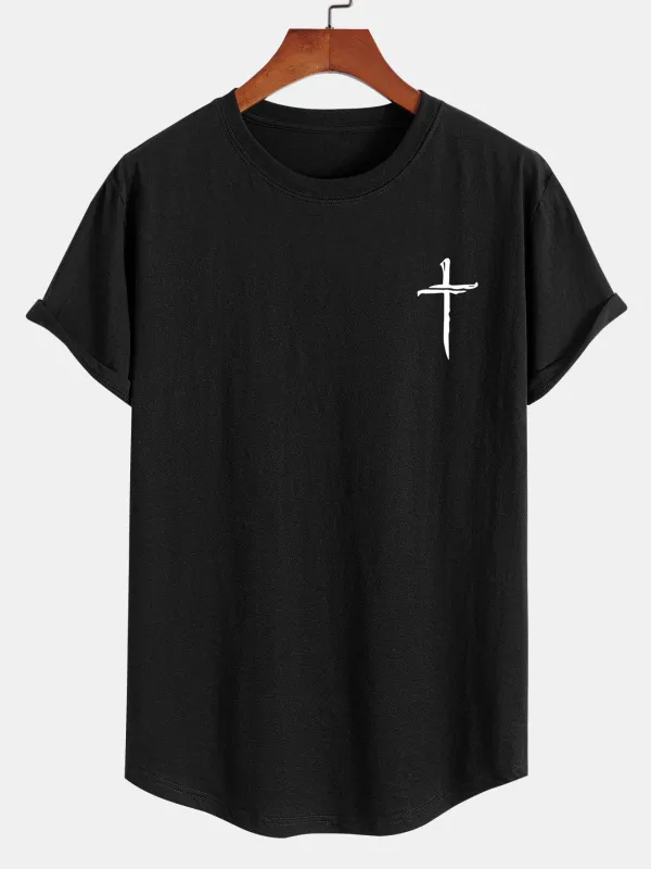 Cross Print Cotton Arc Hem T-Shirt sold by Hoooyi