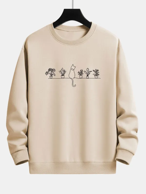Cat Potted Plant Print Relax Fit Sweatshirt made by Hoooyi