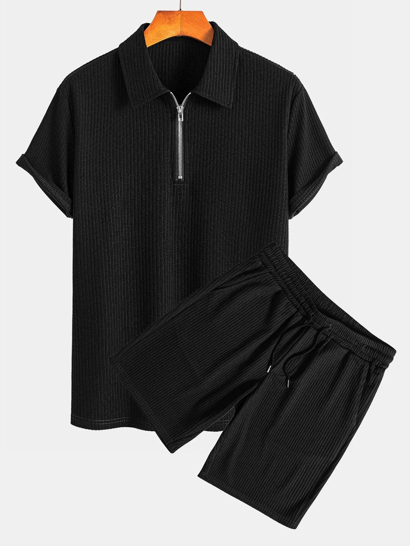 Muscle Fit Ribbed Half Zip Polo & Shorts sold by Hoooyi product image thumbnail 2