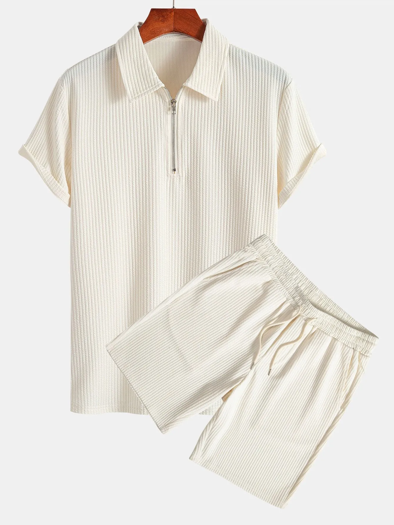 Muscle Fit Ribbed Half Zip Polo & Shorts sold by Hoooyi product image thumbnail 3