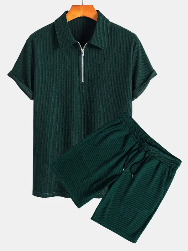 Muscle Fit Ribbed Half Zip Polo & Shorts sold by Hoooyi