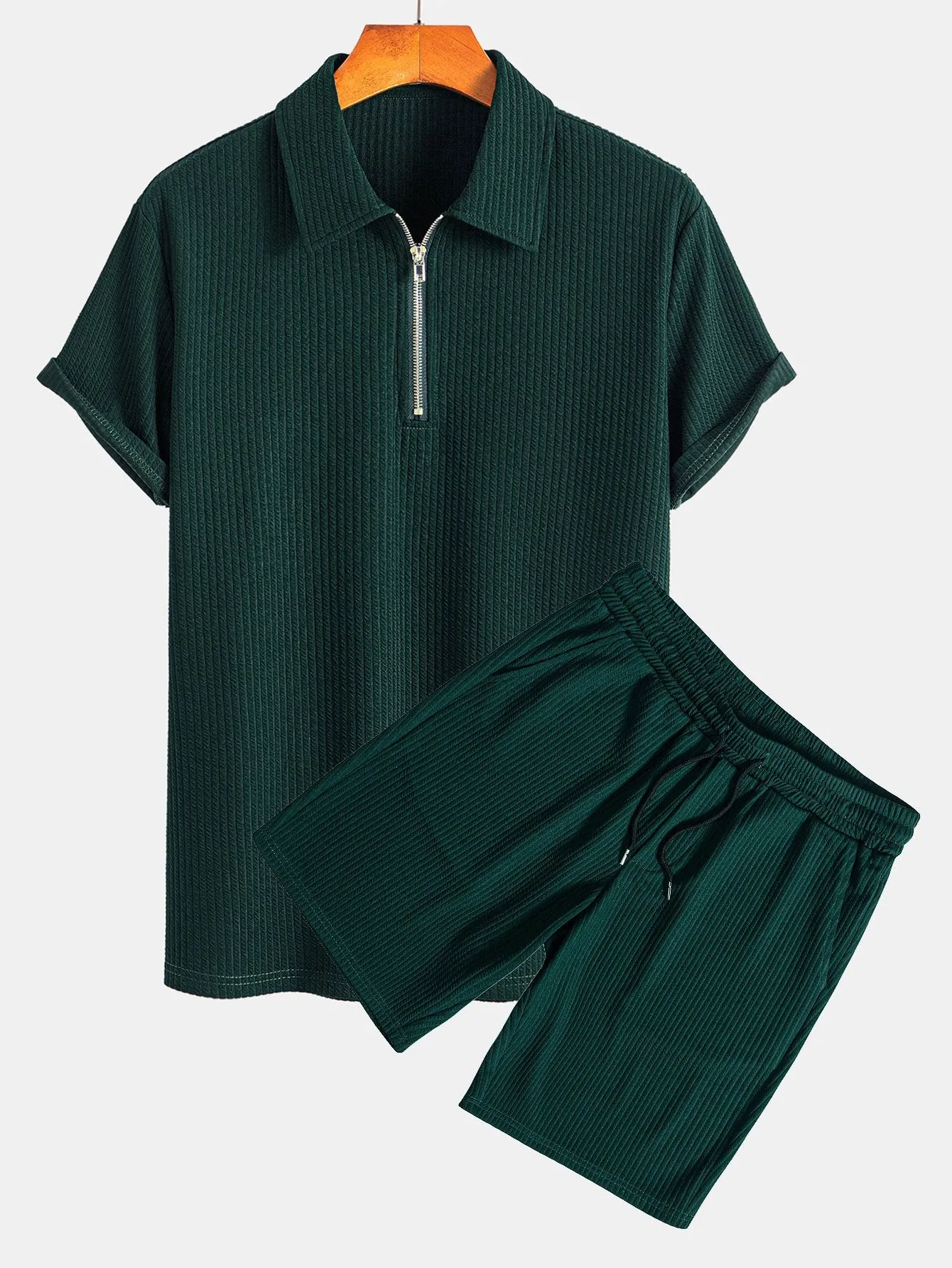 Muscle Fit Ribbed Half Zip Polo & Shorts sold by Hoooyi