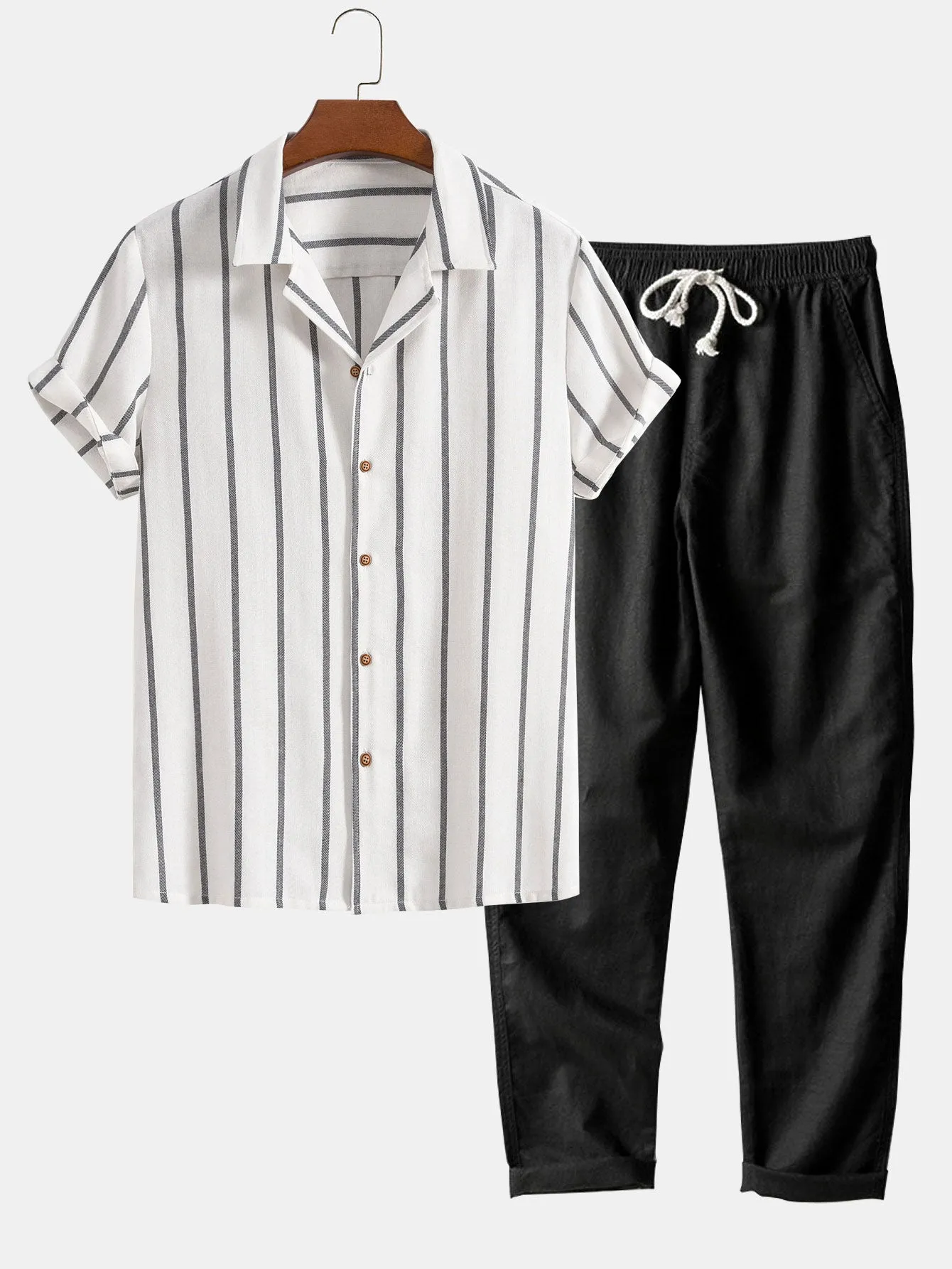 Cotton Blend Striped Cuban Shirt & Straight Leg Linen Pants sold by Hoooyi product image thumbnail 3