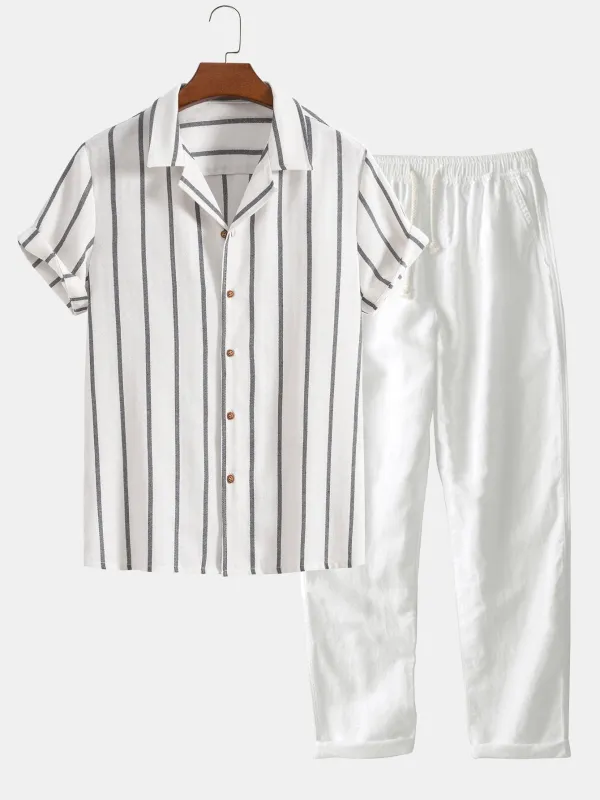 Cotton Blend Striped Cuban Shirt & Straight Leg Linen Pants sold by Hoooyi