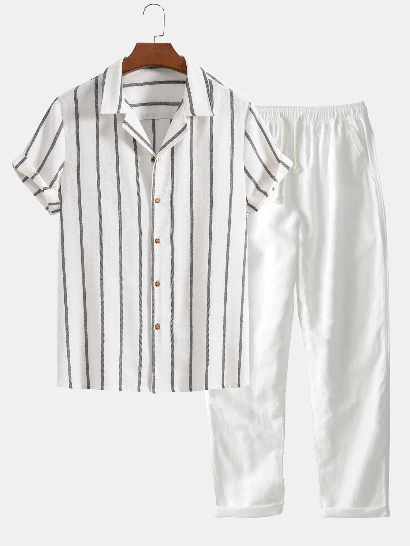 Cotton Blend Striped Cuban Shirt & Straight Leg Linen Pants sold by Hoooyi