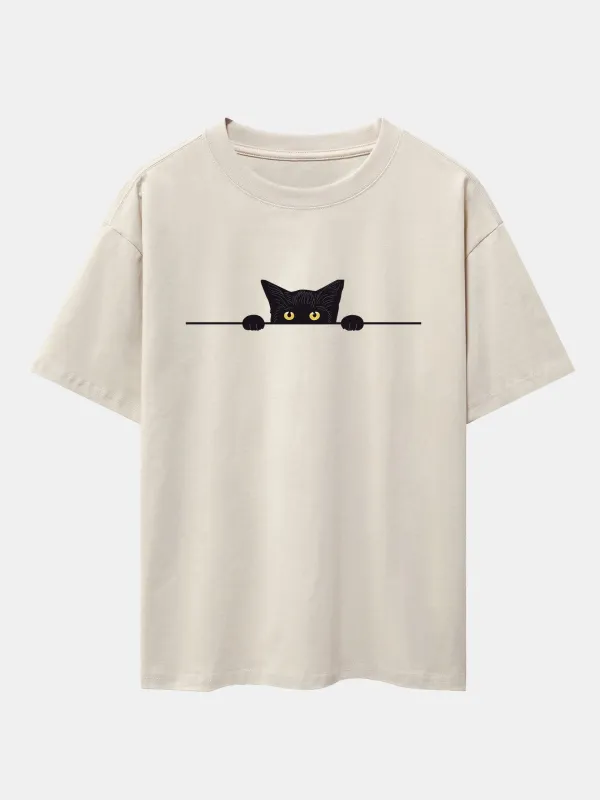 Black Cat Print Drop Shoulder Oversize T-Shirt sold by Hoooyi