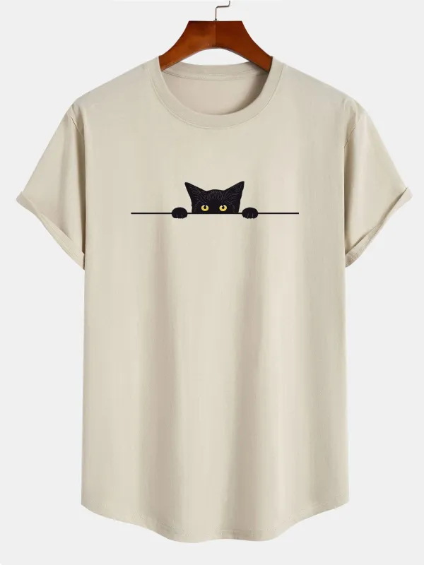 Black Cat Print Cotton Arc Hem T-Shirt sold by Hoooyi