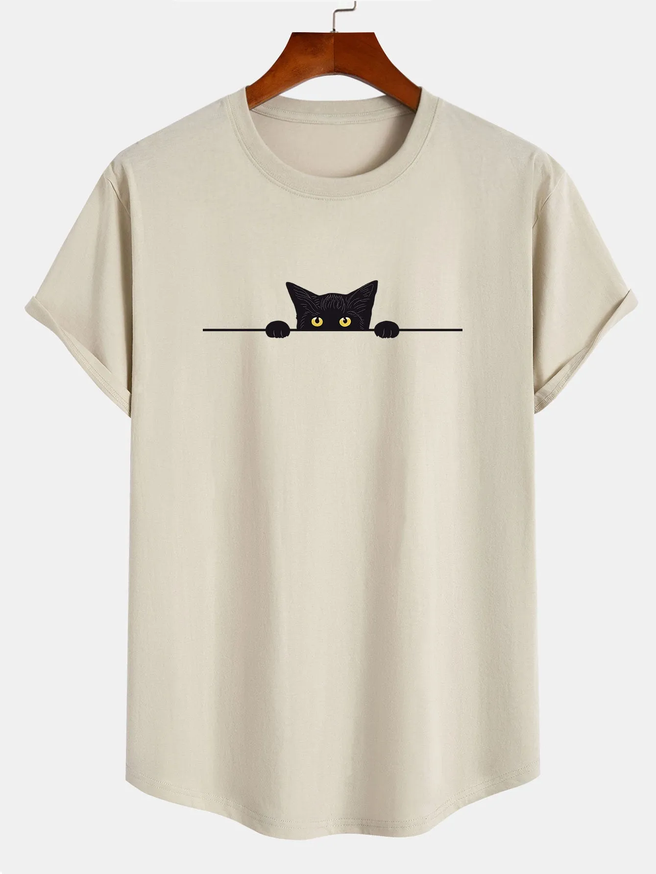 Black Cat Print Cotton Arc Hem T-Shirt sold by Hoooyi
