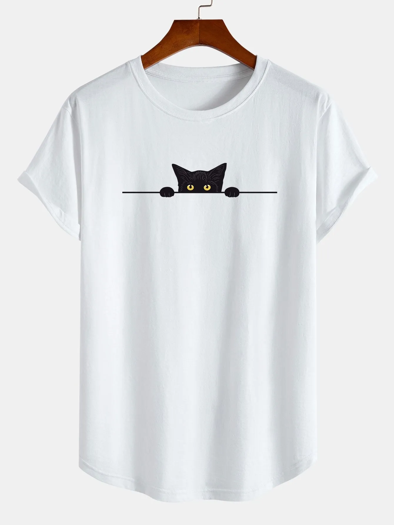 Black Cat Print Cotton Arc Hem T-Shirt sold by Hoooyi product image thumbnail 2