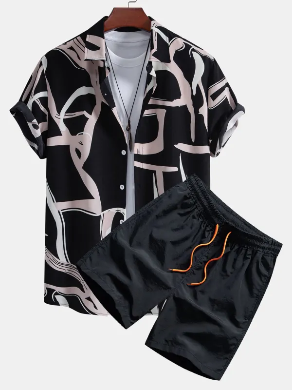Abstract Print Button Up Shirt & Swim Shorts made by Hoooyi