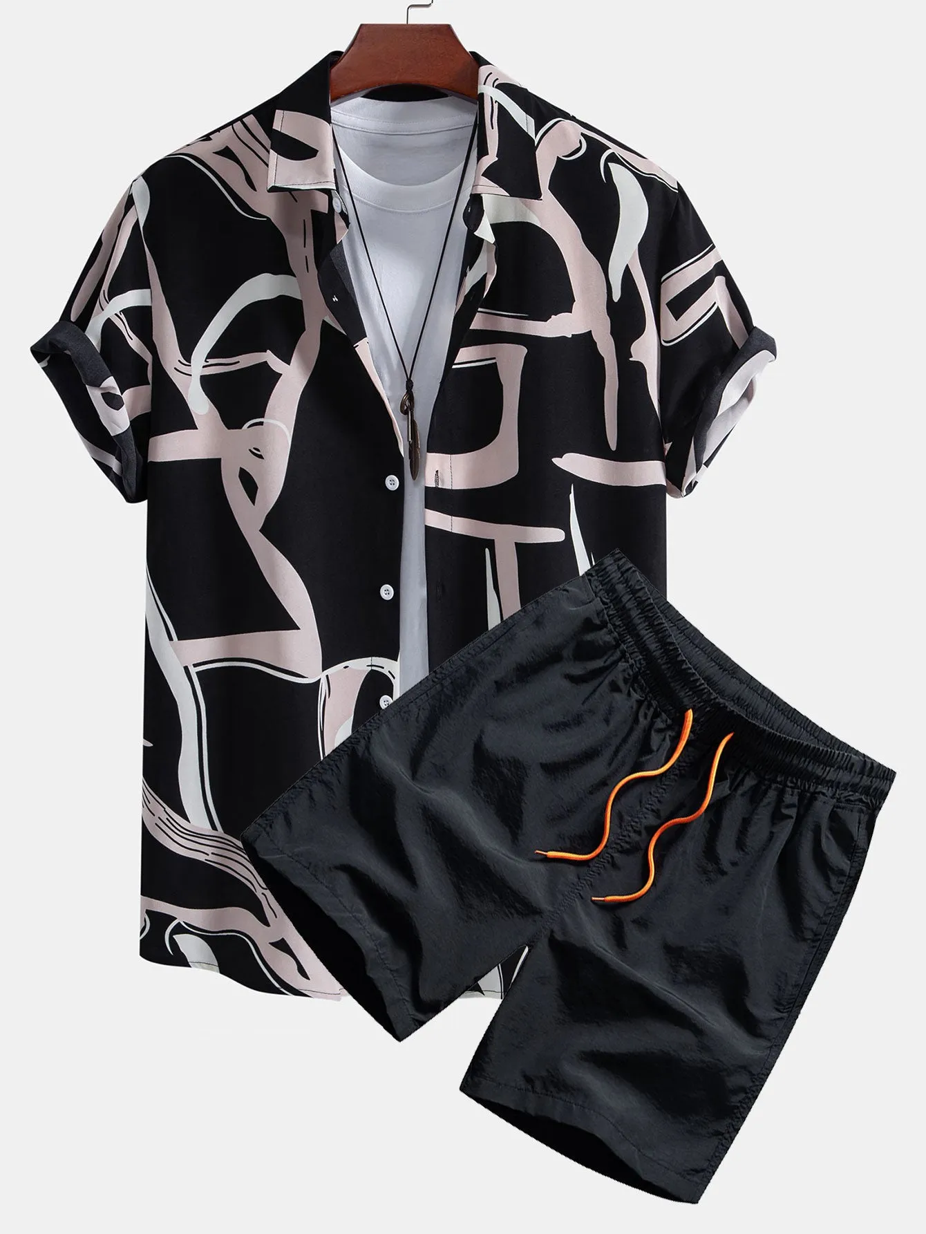 Abstract Print Button Up Shirt & Swim Shorts sold by Hoooyi