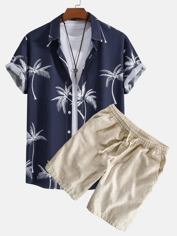 Palm Tree Print Button Up Shirt & Linen Cotton Blend Drawstring Shorts sold by Hoooyi