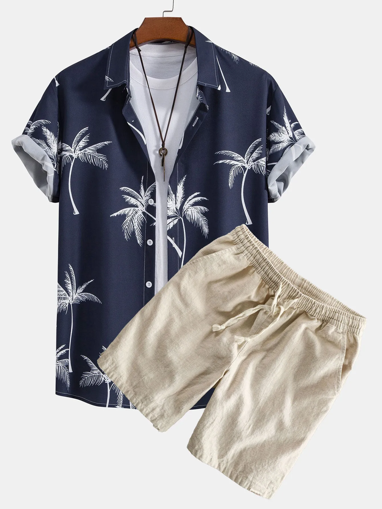 Palm Tree Print Button Up Shirt & Linen Cotton Blend Drawstring Shorts sold by Hoooyi