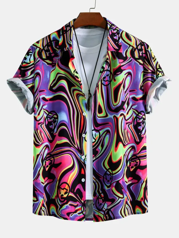 Colorful Fluid Smiley Print Button Up Shirt sold by Hoooyi