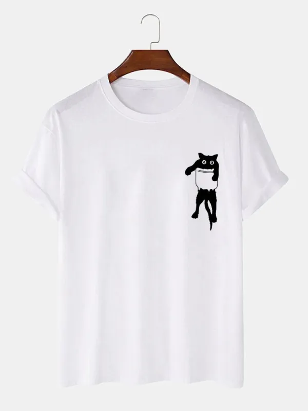 Pocket Cat Print T-Shirt sold by Hoooyi