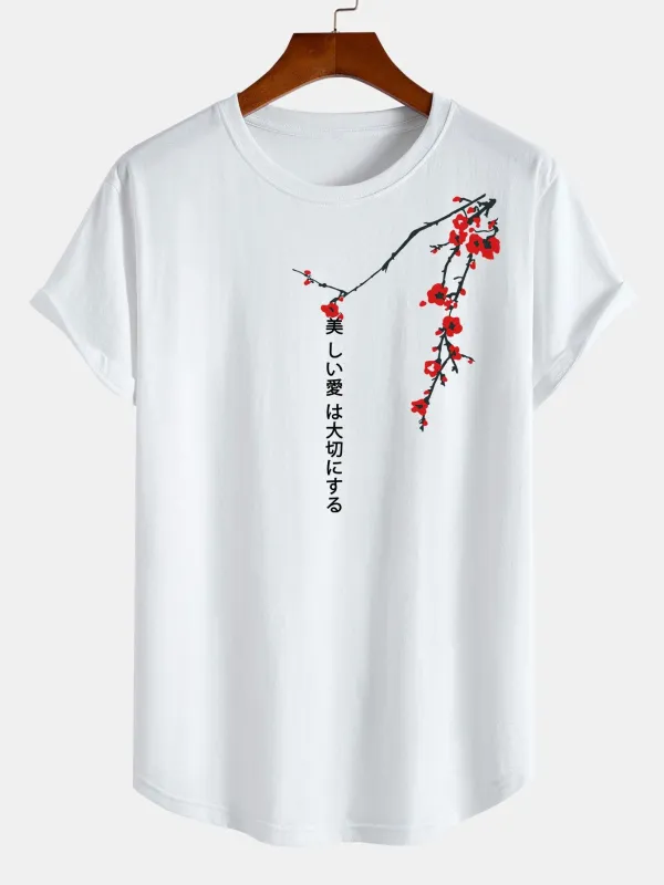 Slogan Floral Print Cotton Arc Hem T-Shirt sold by Hoooyi